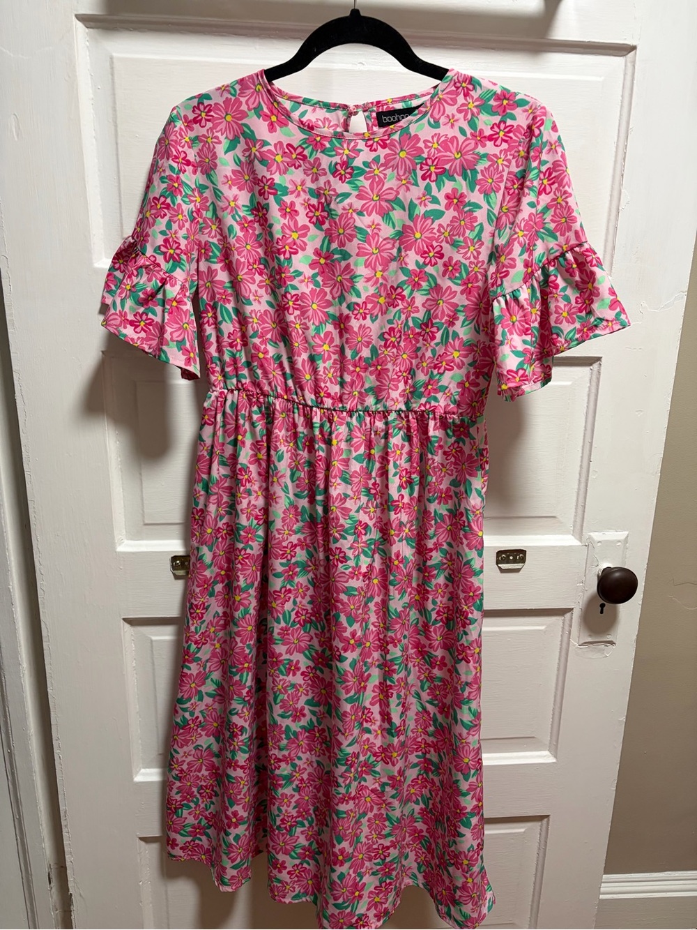 Boohoo Pink Floral Midi Dress with Green Accents